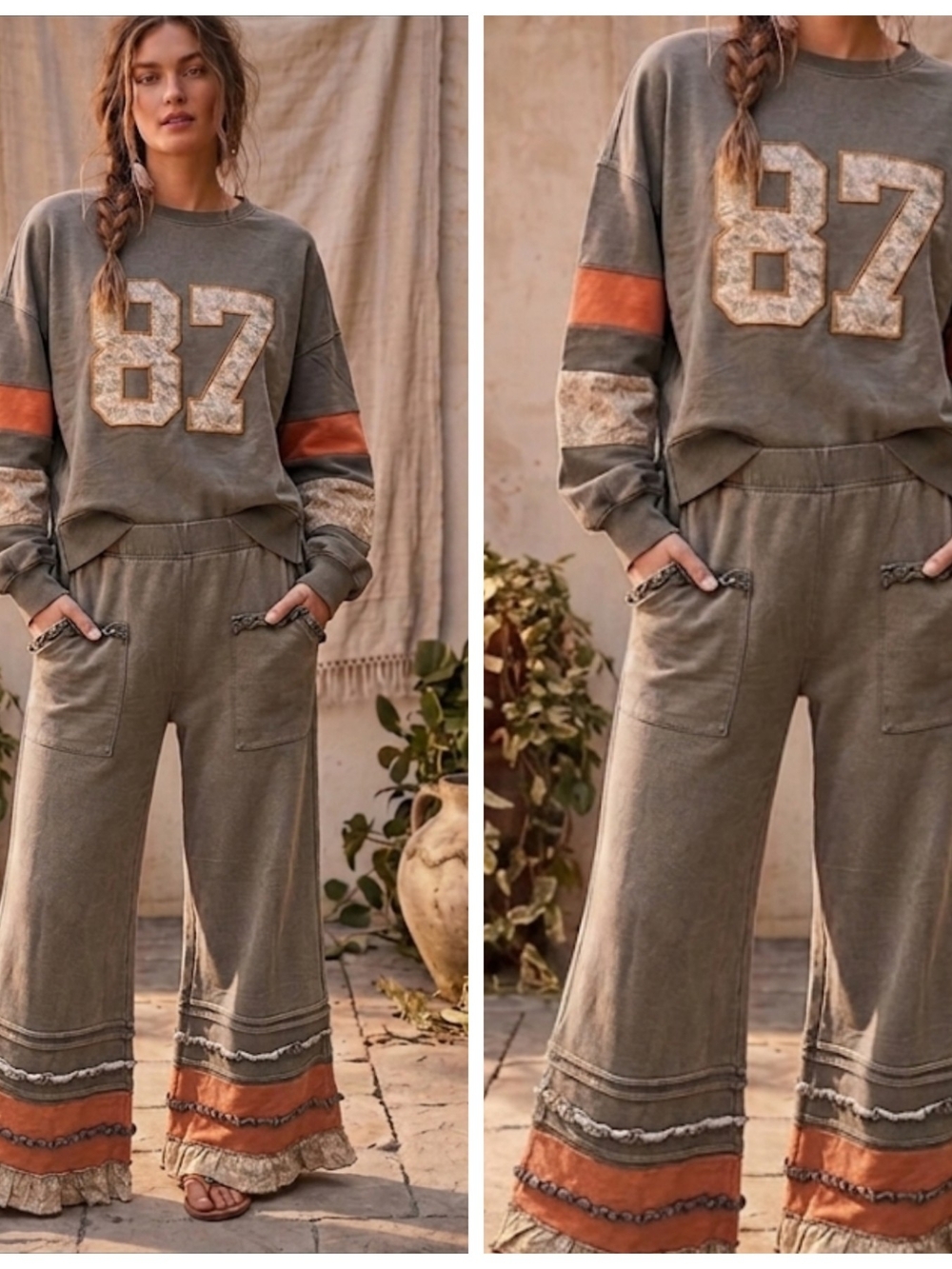 easel Ash Wide-Leg Sweatpants Ruffle & Top  with Rust & Cream Accents